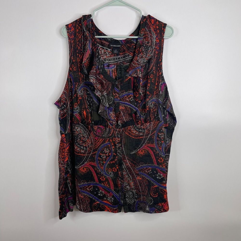 Lane Bryant Blouse Womens Plus Size 26 Multicolor Paisley Sleeveless Ruffle Work